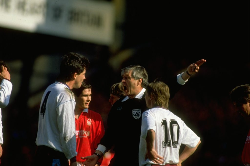 Tony Gale of West Ham and Keith Hackett referee