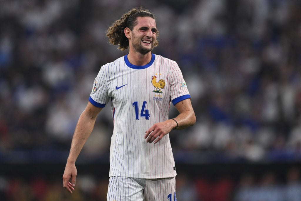 Adrian Rabiot of France reacts during the UEFA EURO 2024 semi-final match between Spain v France at Munich Football Arena on July 09, 2024 in Munic...