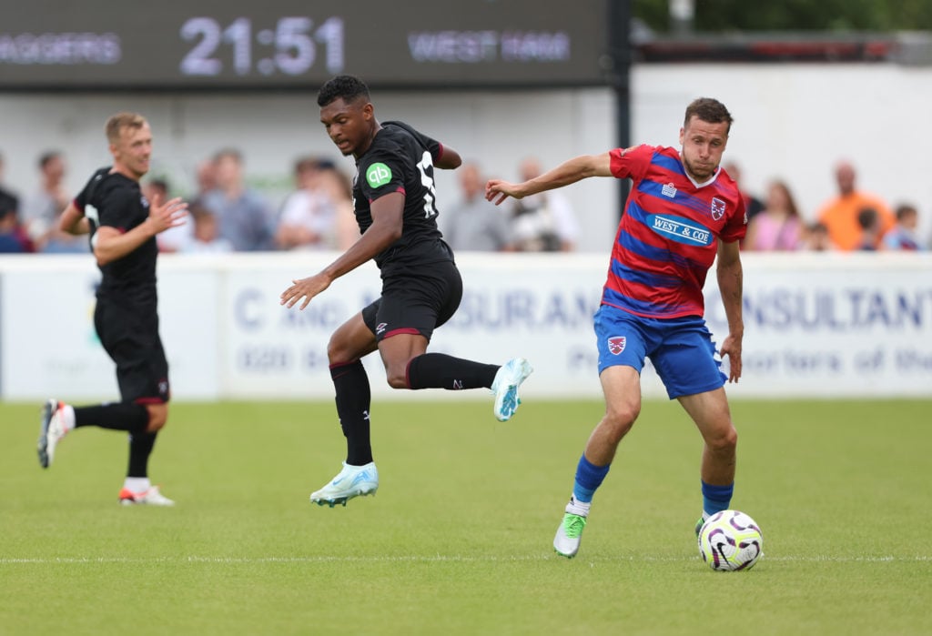 West Ham United's Luis Guilherme in action during the Pre-Season Friendly match between Dagenham & Redbridge and West Ham United at Chigwell Co...