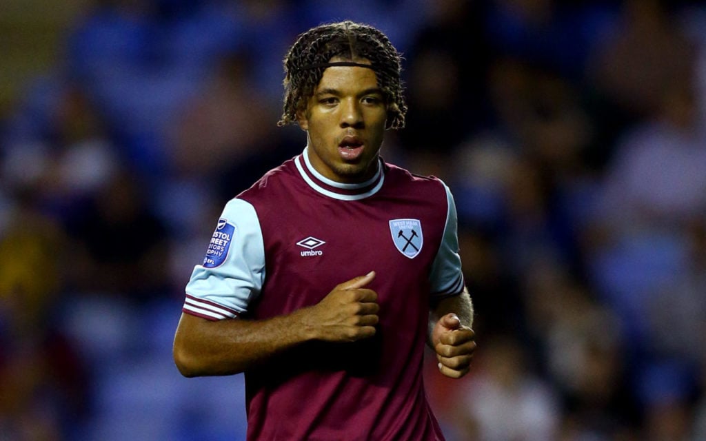 Ezra Mayers of West Ham United looks on during the Bristol Street Motors Trophy match between Reading and West Ham United U21 at Select Car Leasing...