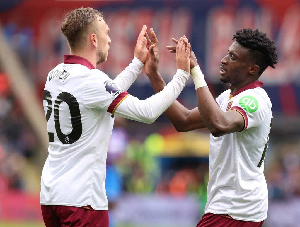 Jarrod Bowen of West Ham.  and Mohammed Kudus of West Ham United celebrates the second goal  during the Premier League match between Crystal Palace...