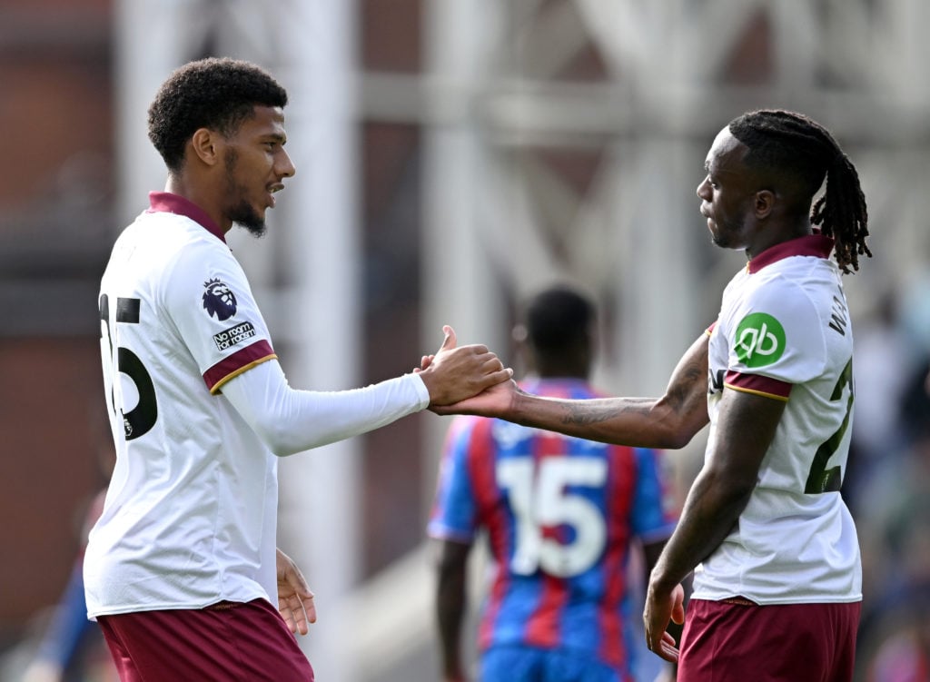 Jean-Clair Todibo of West Ham United shakes hands with team-mate Aaron Wan-Bissaka after the Premier League match between Crystal Palace FC and Wes...