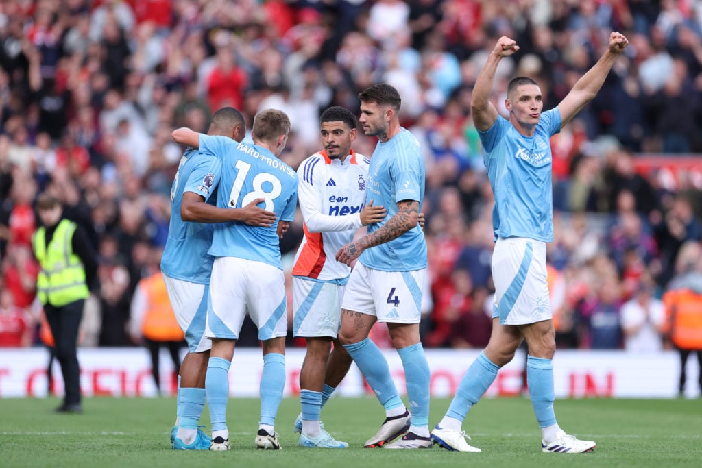 Nikola Milenkovic of  Nottingham Forest celebrates with team mates after the Premier League match between Liverpool FC and Nottingham Forest FC at ...