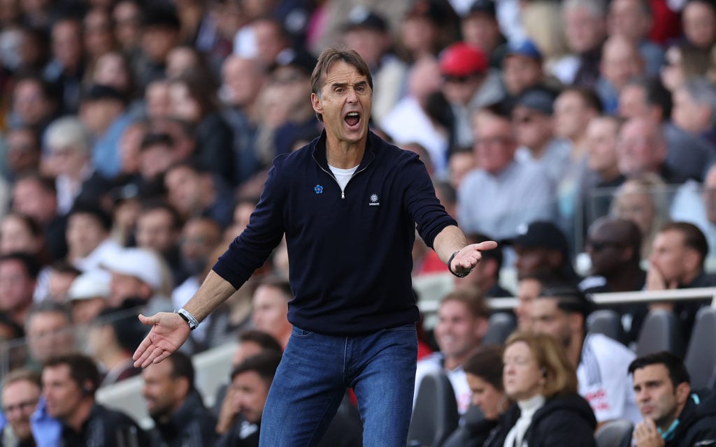 Julen Lopetegui, Manager of West Ham United, gives instructions during the Premier League match between Fulham FC and West Ham United FC at Craven ...