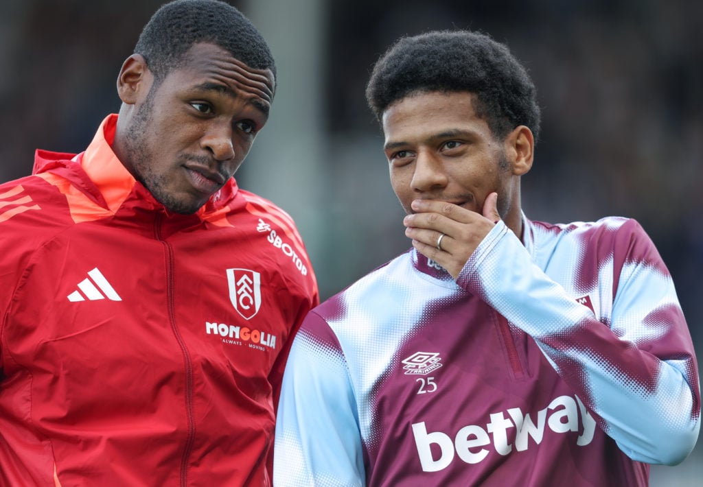 West Ham United's Jean-Clair Todibo in discussion with Fulham's Issa Diop during the Premier League match between Fulham FC and West Ham United FC ...