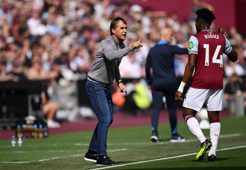 Julen Lopetegui, Manager of West Ham United, gestures towards Mohammed Kudus of West Ham United during the Premier League match between West Ham Un...