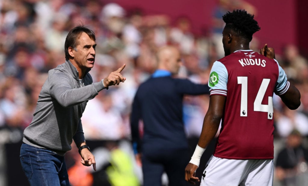 Julen Lopetegui, Manager of West Ham United, gestures towards Mohammed Kudus of West Ham United during the Premier League match between West Ham Un...