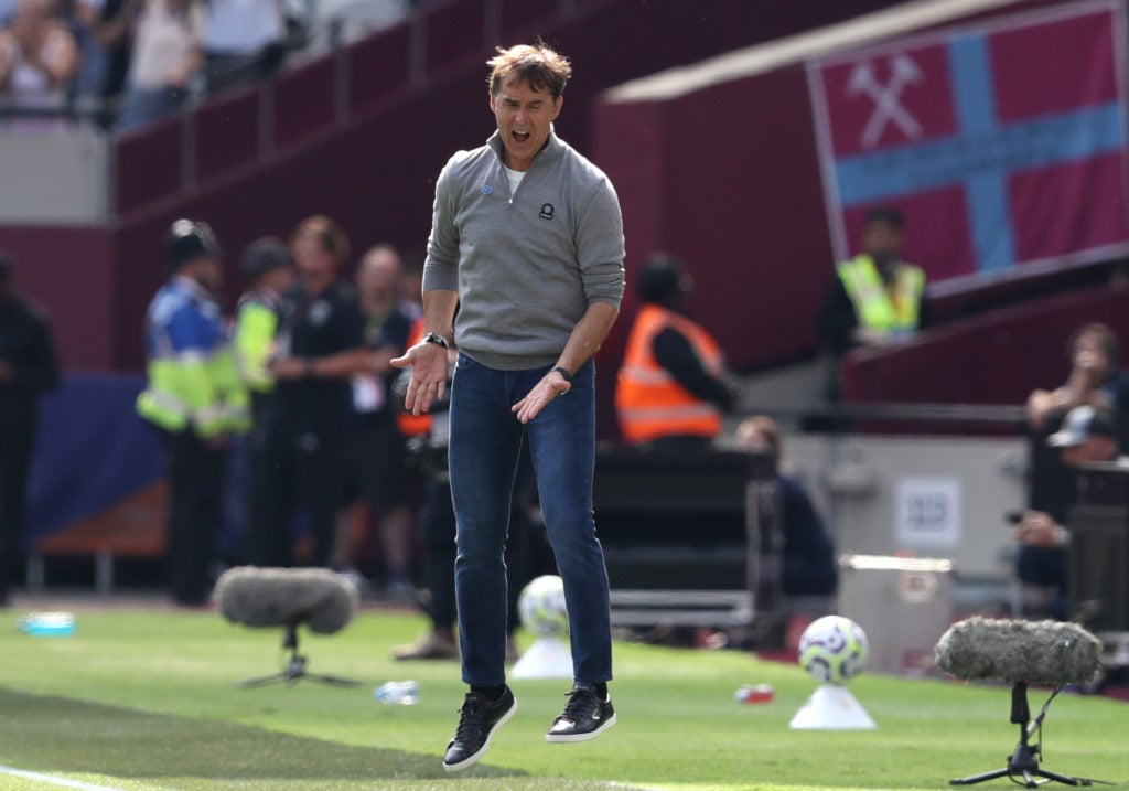 Julen Lopetegui, Manager of West Ham United, reacts during the Premier League match between West Ham United FC and Chelsea FC at London Stadium on ...