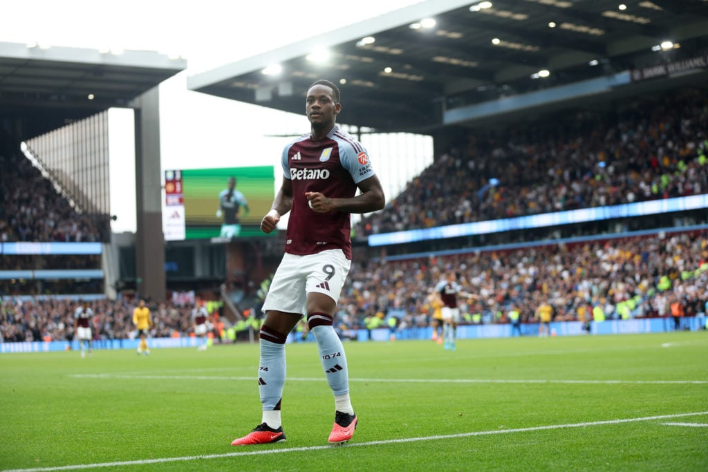 Jhon Duran of Aston Villa celebrates his goal for Aston Villa  during the Premier League match between Aston Villa FC and Wolverhampton Wanderers F...