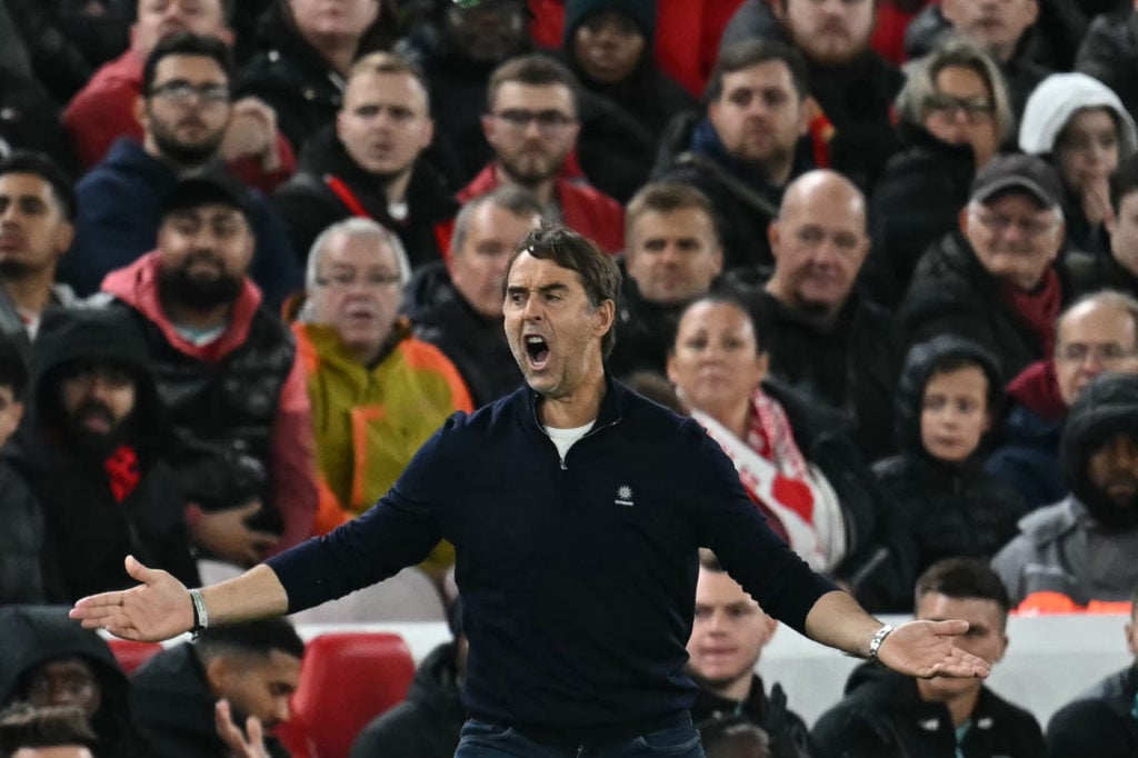 West Ham United's Spanish manager Julen Lopetegui reacts during the English League Cup third round football match between Liverpool and West Ham Un...