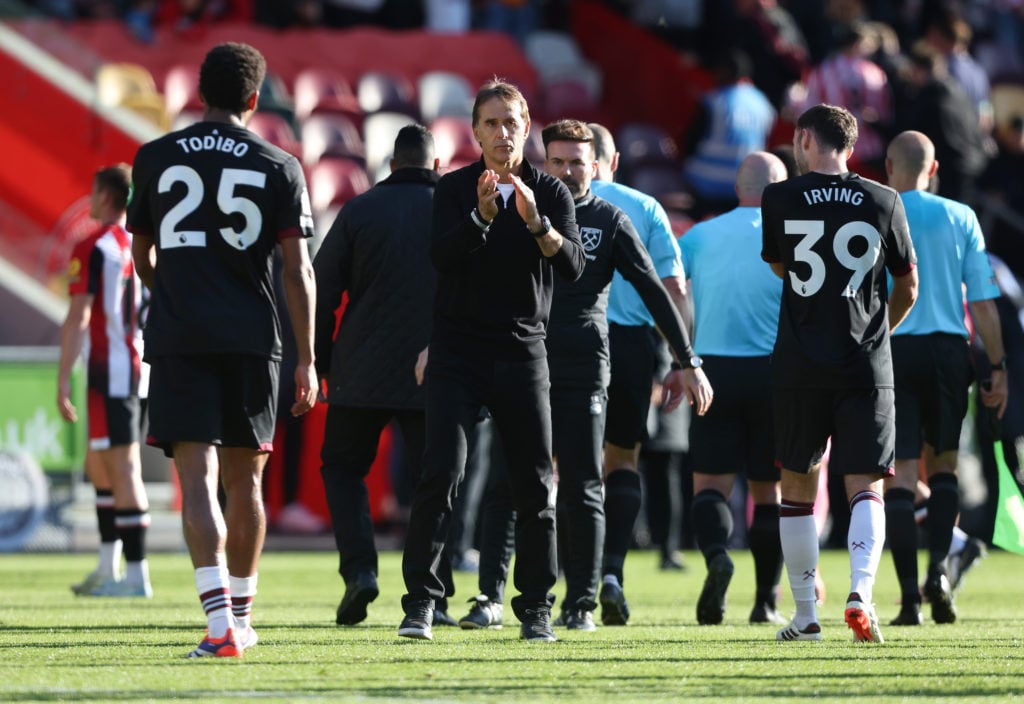 West Ham United manager Julen Lopetegui applauds the fans at the final whistle during the Premier League match between Brentford FC and West Ham Un...