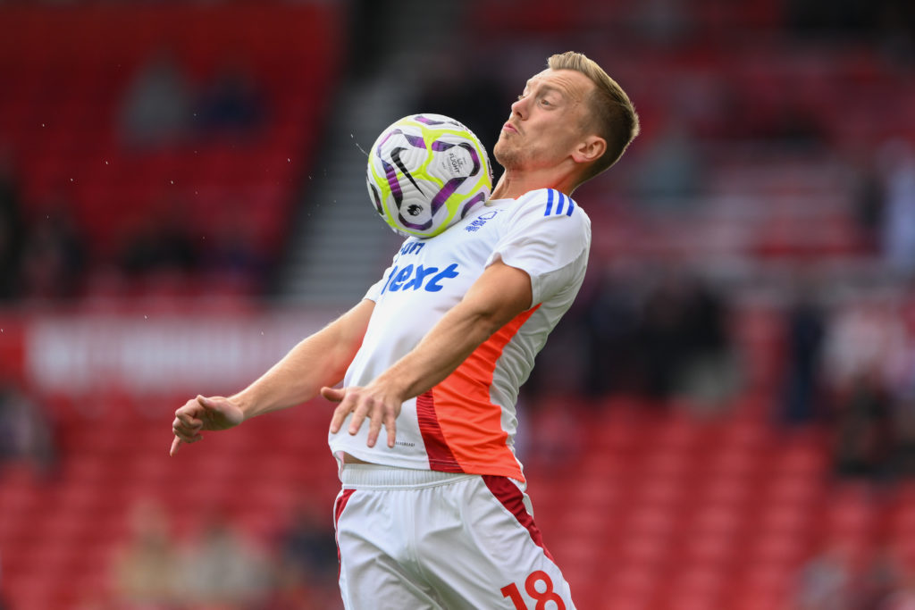 James Ward-Prowse of Nottingham Forest warms up ahead of kick-off during the Premier League match between Nottingham Forest and Fulham at the City ...