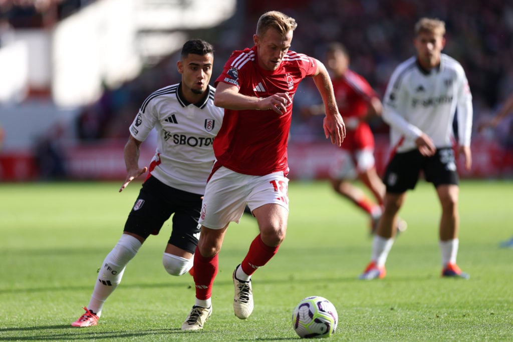 James Ward-Prowse of Nottingham Forest controls the ball under pressure from Andreas Pereira of Fulham during the Premier League match between Nott...