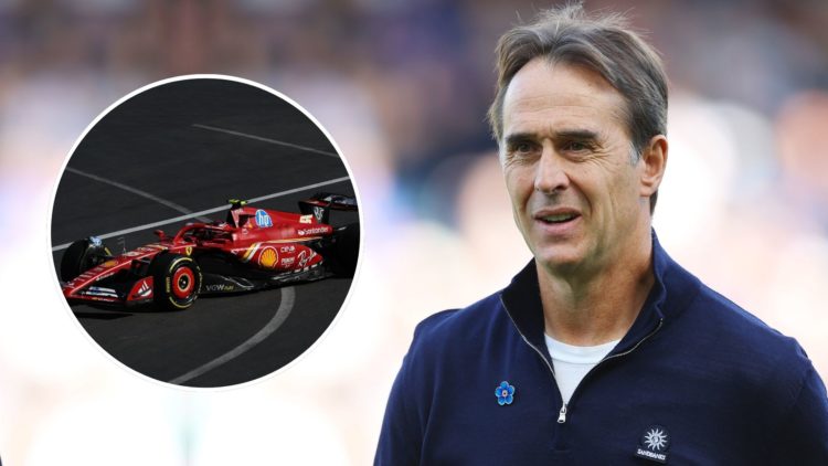 Julen Lopetegui, Manager of West Ham United, looks on during the Premier League match. Inset, a ferrari car.