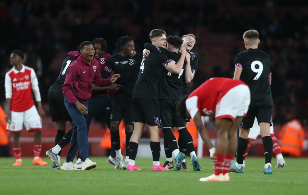 West Ham United celebrate at the final whistle during the FA Youth Cup Final match between Arsenal U18 and West Ham United U18 at Emirates Stadium ...