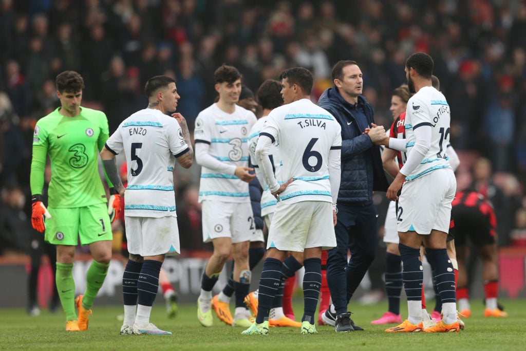 Frank Lampard, Caretaker Manager of Chelsea, interacts with Ruben Loftus-Cheek of Chelsea after the Premier League match between AFC Bournemouth an...