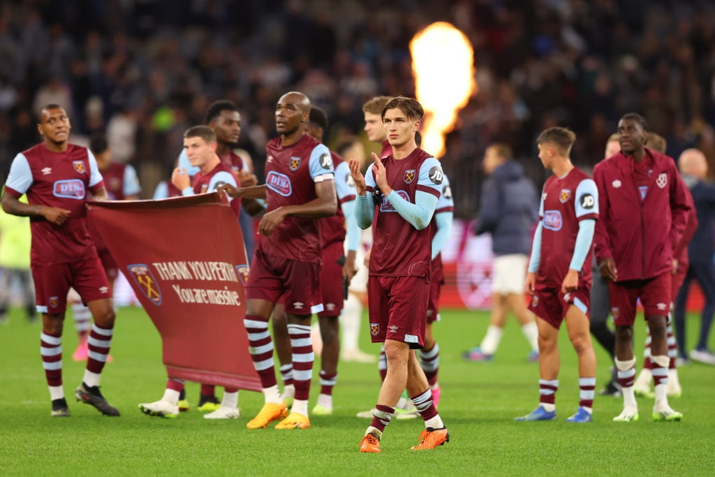 Freddie Potts of West Ham acknowledges during the pre-season friendly match between Tottenham Hotspur and West Ham United at Optus Stadium on July ...