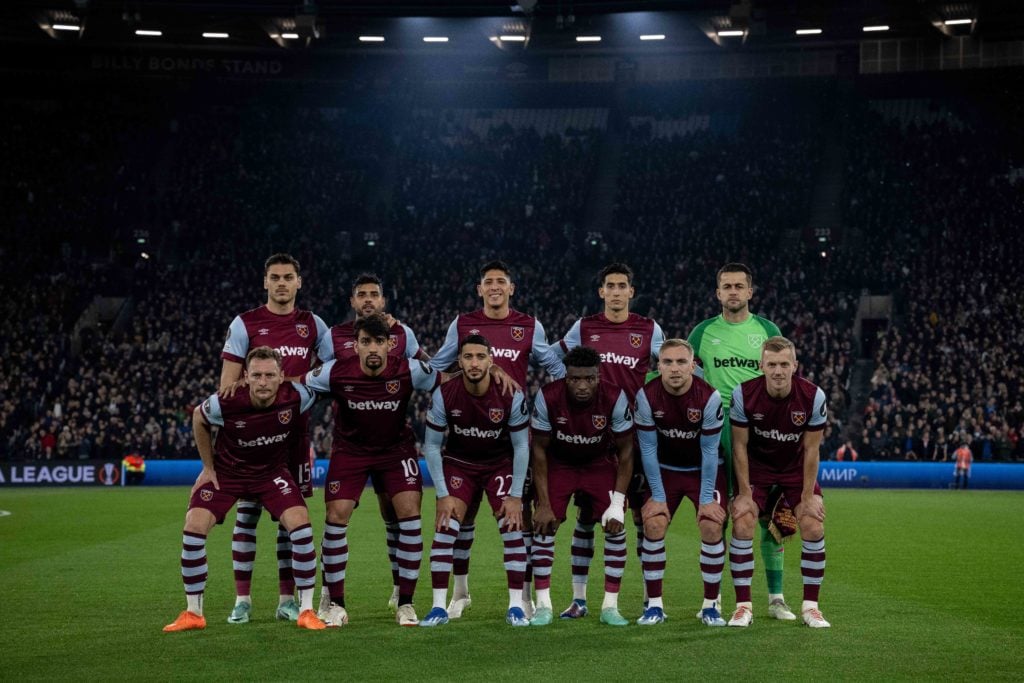 team photo of West Ham United FC (L-R) Konstantinos Mavropanos, Emerson Palmieri, Edson Alvarez, Nayef Aguerd, Lukasz Fabianski,  Vladimír Coufal, ...