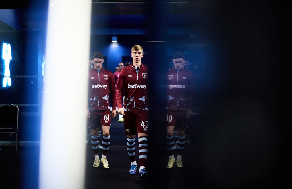 Kaelan Casey and Lewis Orford of West Ham arrive for the warm up during the UEFA Europa League 2023/24 Quarter-Final second leg match between West ...