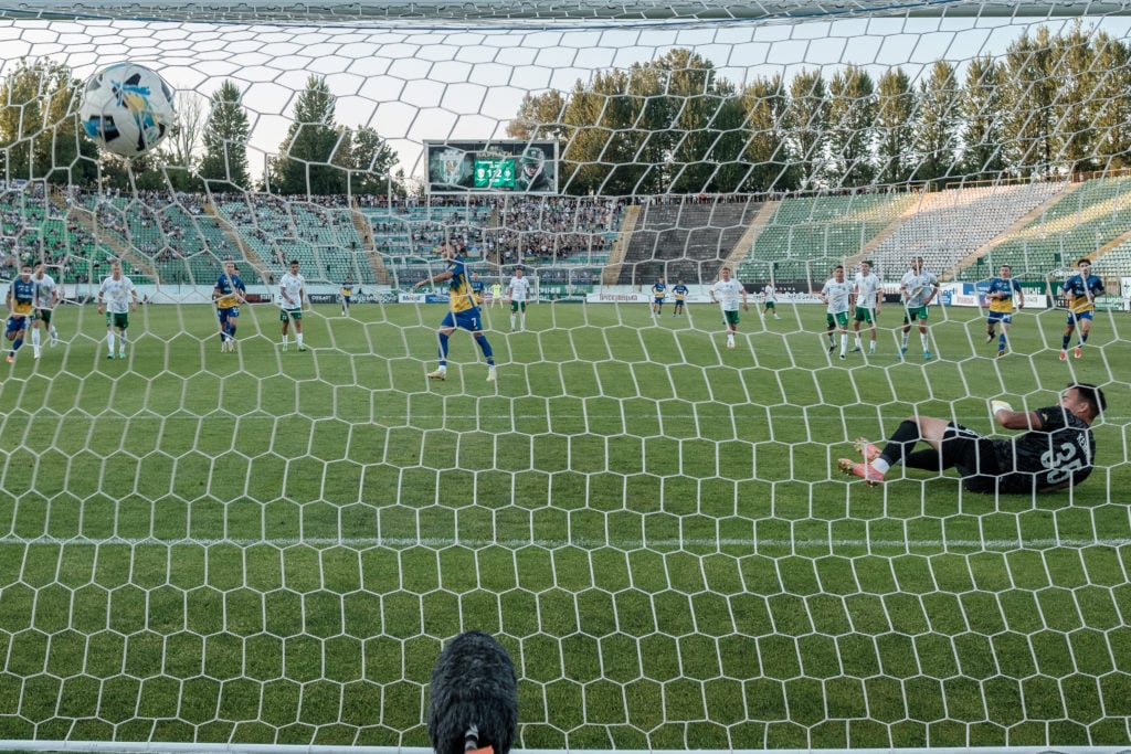 Andriy Yarmolenko of FC Dynamo Kyiv scores goal from a penalty kick the Ukrainian Premier League match between FC Karpaty Lviv and FC Dynamo Kyiv a...