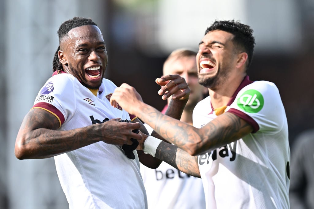 Aaron Wan-Bissaka and Emerson Palmieri of West Ham United celebrate during the Premier League match between Crystal Palace FC and West Ham United F...