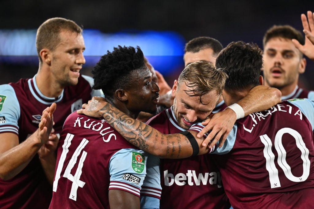 Mohammed Kudus of West Ham United celebrate with Jarrod Bowen, Lucas Paqueta after scoring the first goal during the Carabao Cup Second Round match...