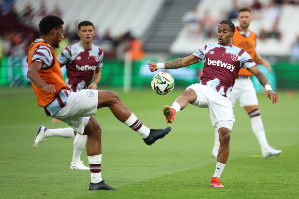 Jean-Clair Todibo and Crysencio Summerville of West Ham United warm up prior to the Carabao Cup Second Round match between West Ham United and AFC ...