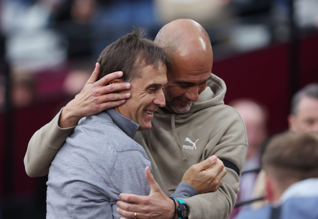 Julen Lopetegui manager / head coach of West Ham United and Pep Guardiola Manager / Head Coach of Manchester City ahead of the Premier League match...