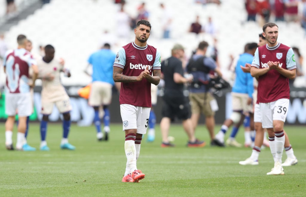 West Ham United's Emerson Palmieri applauds the fans at the final whistle during the Premier League match between West Ham United FC and Chelsea FC...