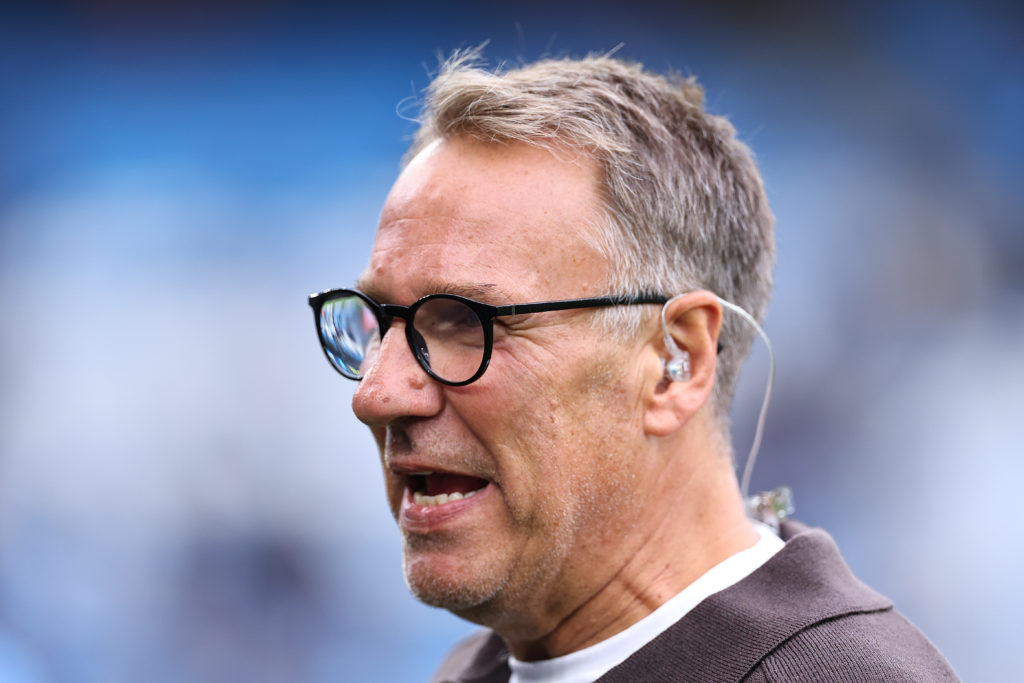 Paul Merson working as a pundit for Sky Sports during the Premier League match between Manchester City FC and Arsenal FC at Etihad Stadium on Septe...