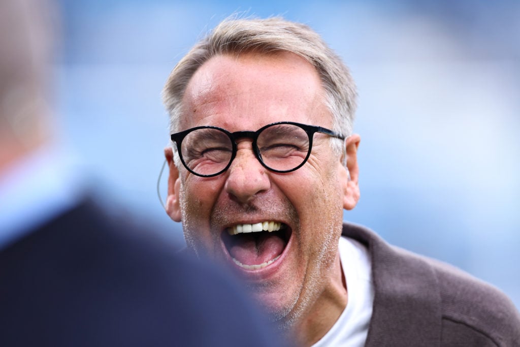 Paul Merson working as a pundit for Sky Sports during the Premier League match between Manchester City FC and Arsenal FC at Etihad Stadium on Septe...