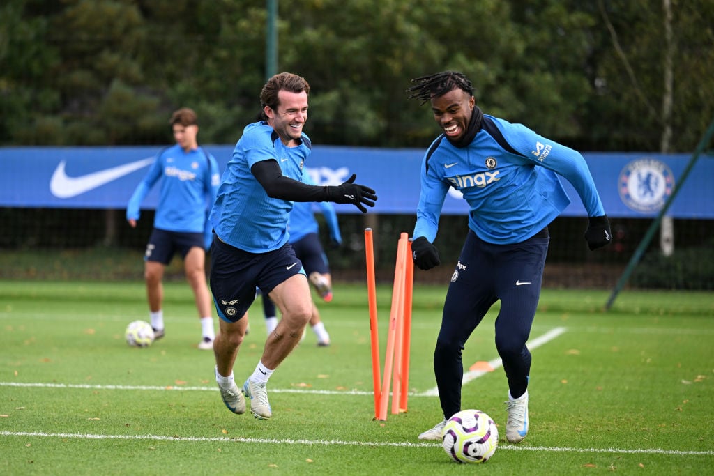 Ben Chilwell and Carney Chukwuemeka of Chelsea during a training session at Chelsea Training Ground on September 27, 2024 in Cobham, England.