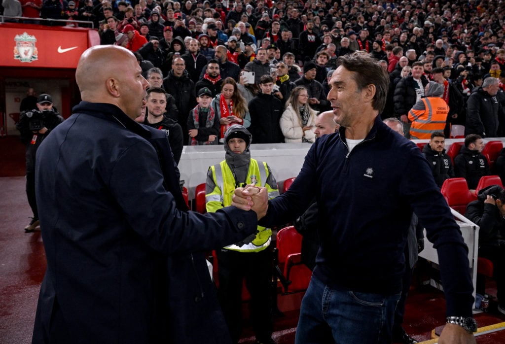 (THE SUN OUT, THE SUN ON SUNDAY OUT) Arne Slot head coach of Liverpool with Julen Lopetegui of West Ham United before the Carabao Cup Third Round m...