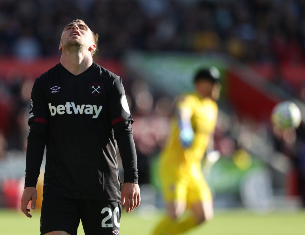 Frustration for West Ham United's Jarrod Bowen during the Premier League match between Brentford FC and West Ham United FC at Brentford Community S...