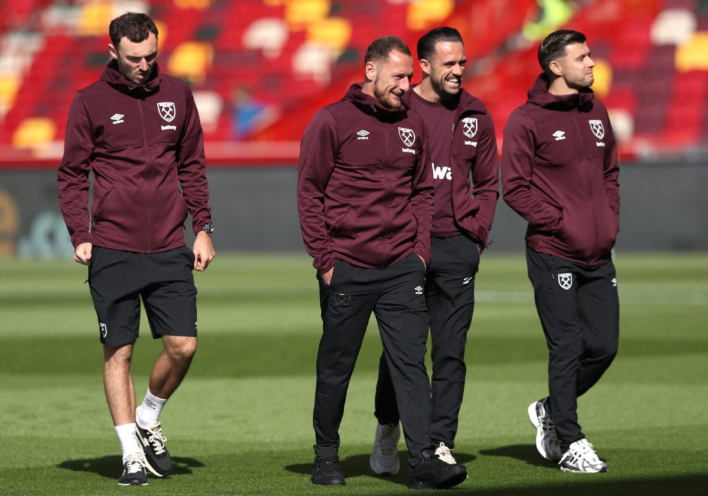 (L-R) Andy Irving, Vladimir Coufal, Danny Ings and Aaron Cresswell of West Ham United inspect the pitch prior to the Premier League match between B...