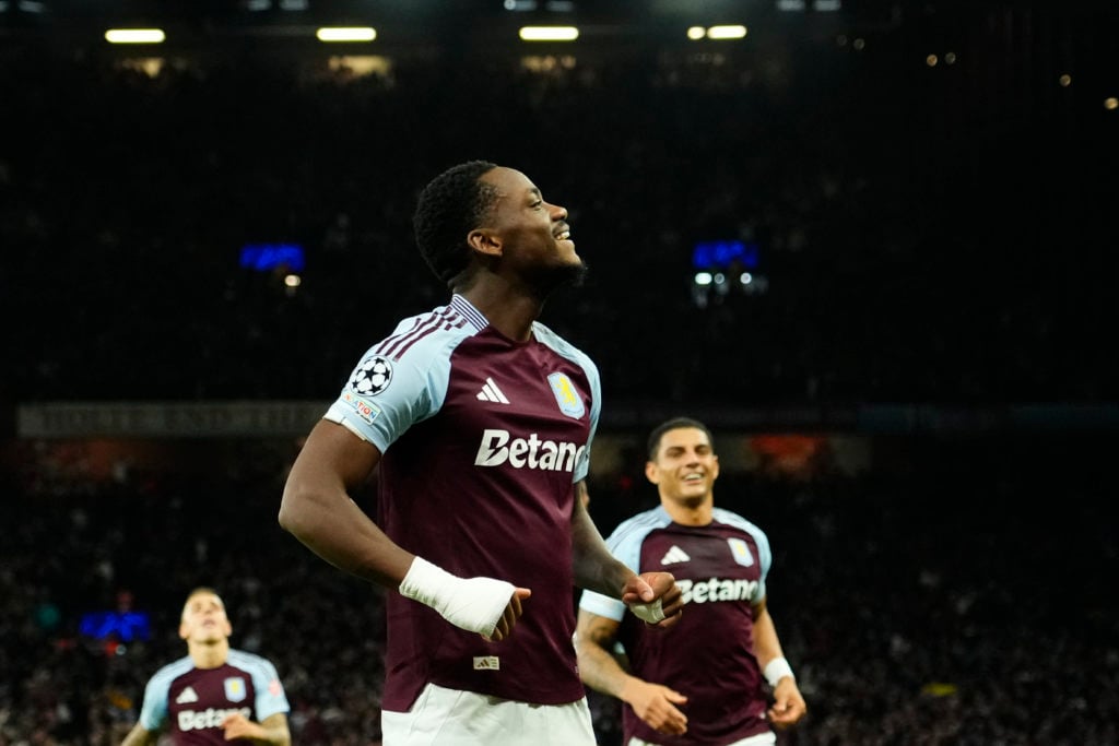 Jhon Duran centre-forward of Aston Villa and Colombia celebrates after scoring his sides first goal during the UEFA Champions League 2024/25 League...