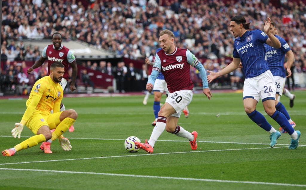 West Ham United's Jarrod Bowen sees his cross stopped by Ipswich Town's Arijanet Muric during the Premier League match between West Ham United FC a...