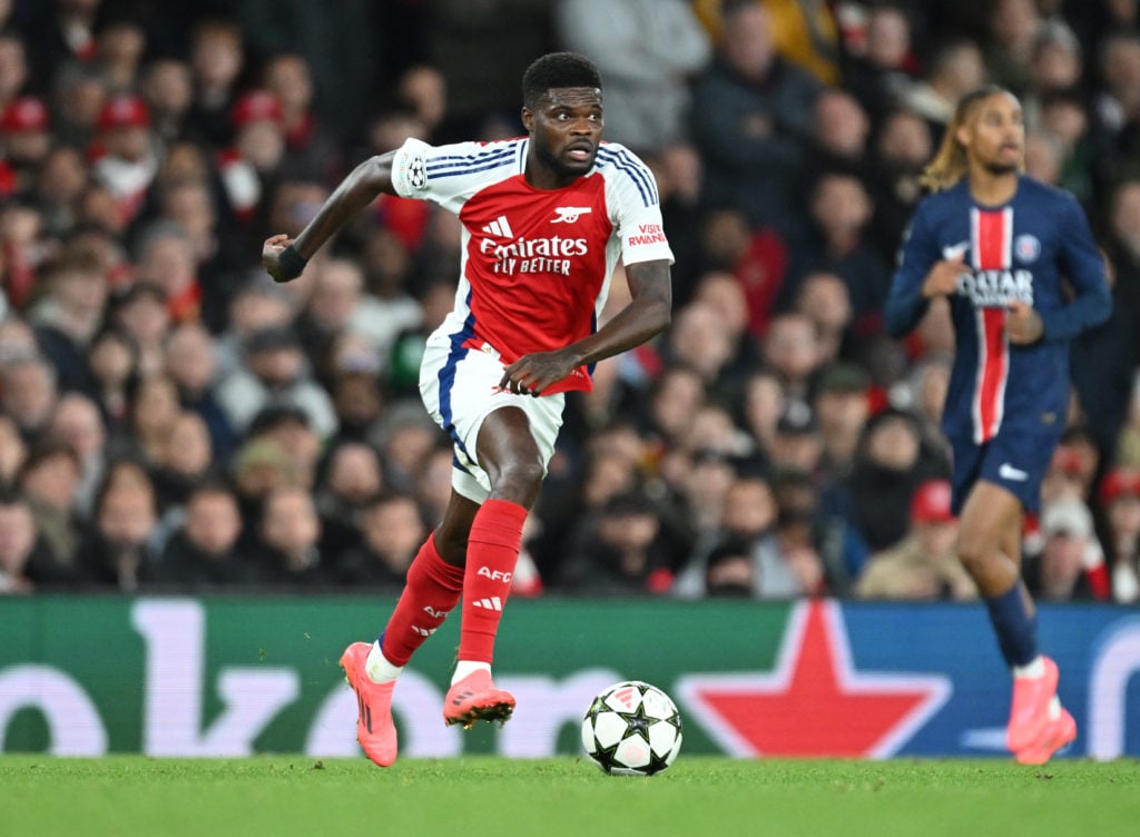 Thomas Partey of Arsenal during the UEFA Champions League 2024/25 League Phase MD2 match between Arsenal FC and Paris Saint-Germain at  on October ...