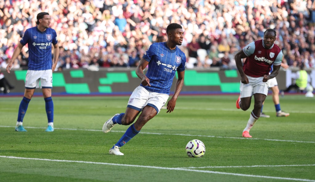 Ipswich Town's Ben Johnson during the Premier League match between West Ham United FC and Ipswich Town FC at London Stadium on October 5, 2024 in L...