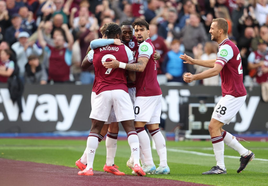 West Ham United's Michail Antonio celebrates scoring his side's first goal with Lucas Paqueta, Jarrod Bowen, Tomas Soucek and Aaron Wan-Bissaka dur...