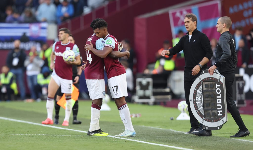 West Ham United's Luis Guilherme replaces Mohammed Kudus during the Premier League match between West Ham United FC and Ipswich Town FC at London S...