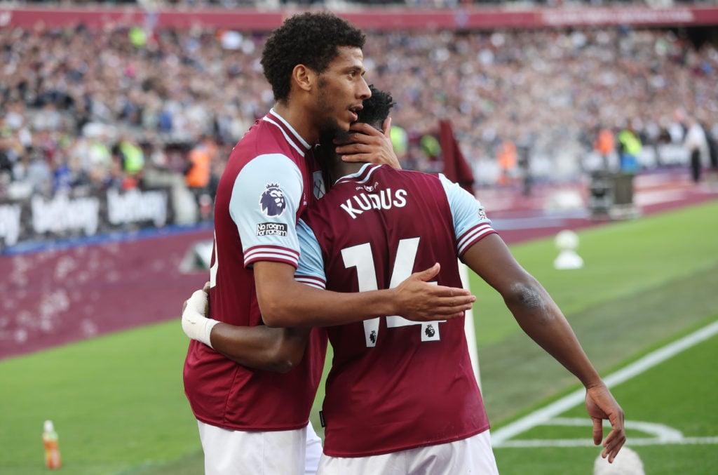 West Ham United's Mohammed Kudus celebrates scoring his side's second goal with Jean-Clair Todibo during the Premier League match between West Ham ...