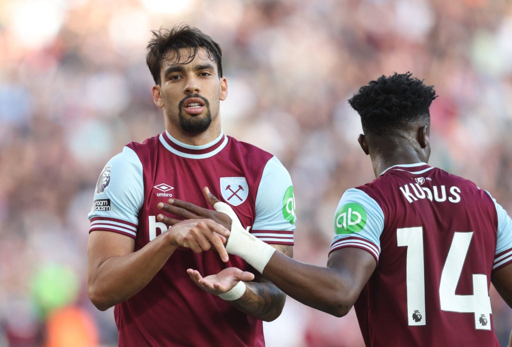 West Ham United's Lucas Paqueta celebrates scoring his side's fourth goal with Mohammed Kudus during the Premier League match between West Ham Unit...