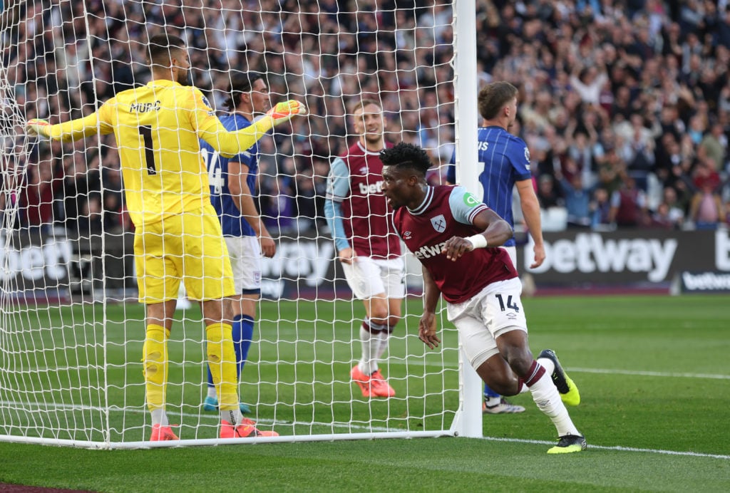 West Ham United's Mohammed Kudus celebrates scoring his side's second goal during the Premier League match between West Ham United FC and Ipswich T...