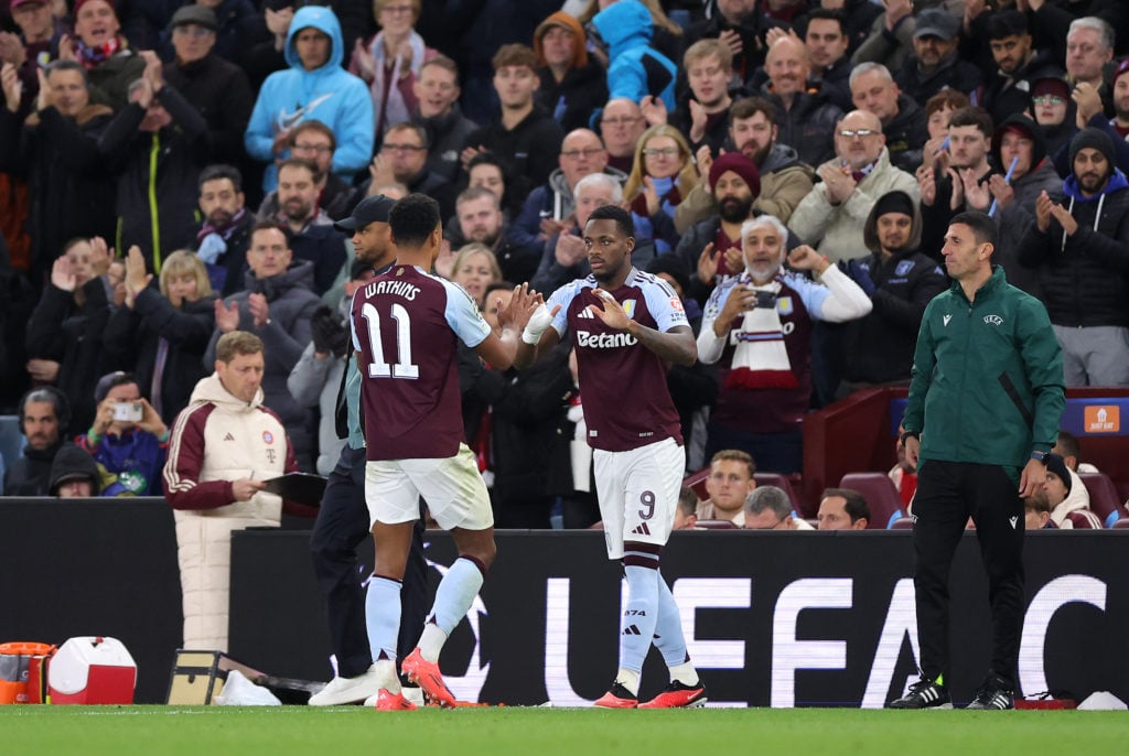 Jhon Duran of Aston Villa replaces teammate Ollie Watkins during the UEFA Champions League 2024/25 League Phase MD2 match between Aston Villa FC an...