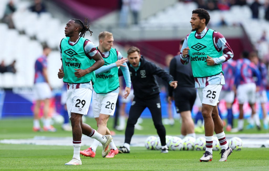 Aaron Wan-Bissaka and Jean-Clair Todibo of West Ham United warm up prior to the Premier League match between West Ham United FC and Ipswich Town FC...