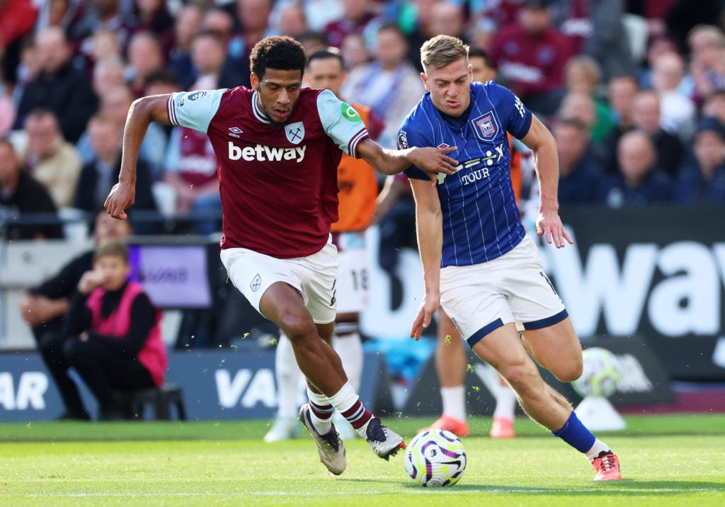 Jean-Clair Todibo of West Ham United is challenged by Liam Delap of Ipswich Town during the Premier League match between West Ham United FC and Ips...