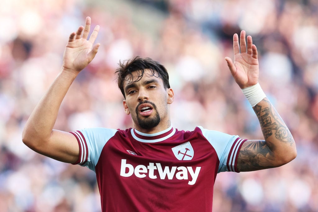 Lucas Paqueta of West Ham United celebrates scoring his team's fourth goal during the Premier League match between West Ham United FC and Ipswich T...