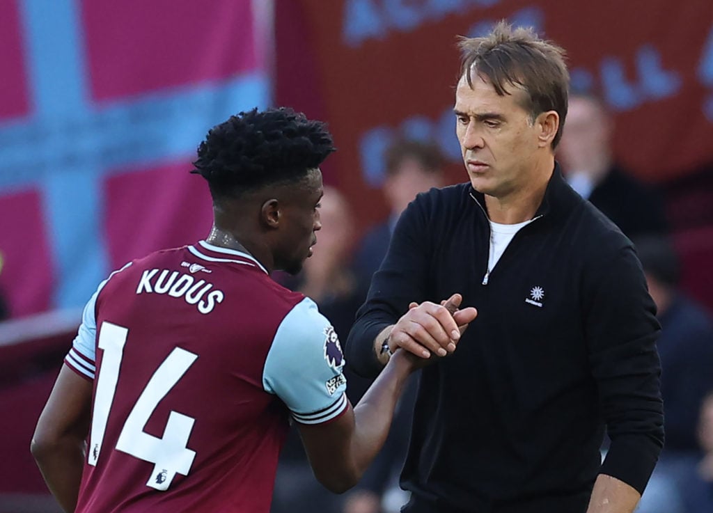 Mohammed Kudus of West Ham United and Julen Lopetegui West Ham Head Coach during the Premier League match between West Ham United FC and Ipswich To...