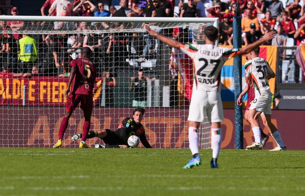 Mile Svilar goalkeeper of AS Roma in action during the Serie A match between AS Roma and Venezia at Stadio Olimpico on September 29, 2024 in Rome, ...